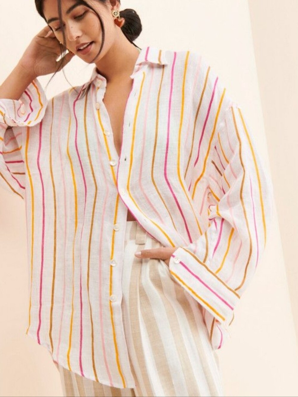Vitaman A Playa Linen Oversized Button-Down Stripe Boyfriend Shirt